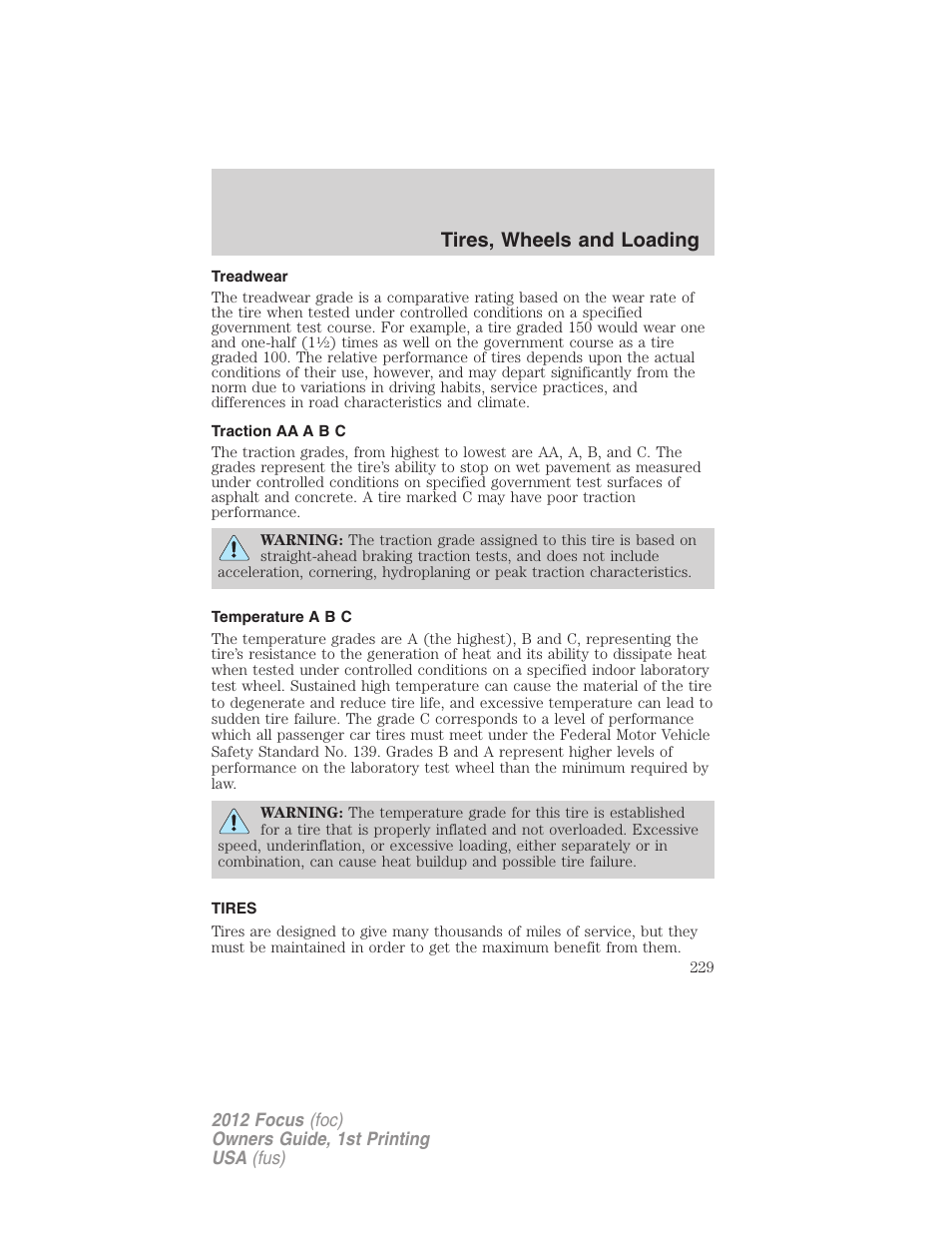 Treadwear, Traction aa a b c, Temperature a b c | Tires, Tires, wheels and loading | FORD 2012 Focus v.1 User Manual | Page 229 / 406