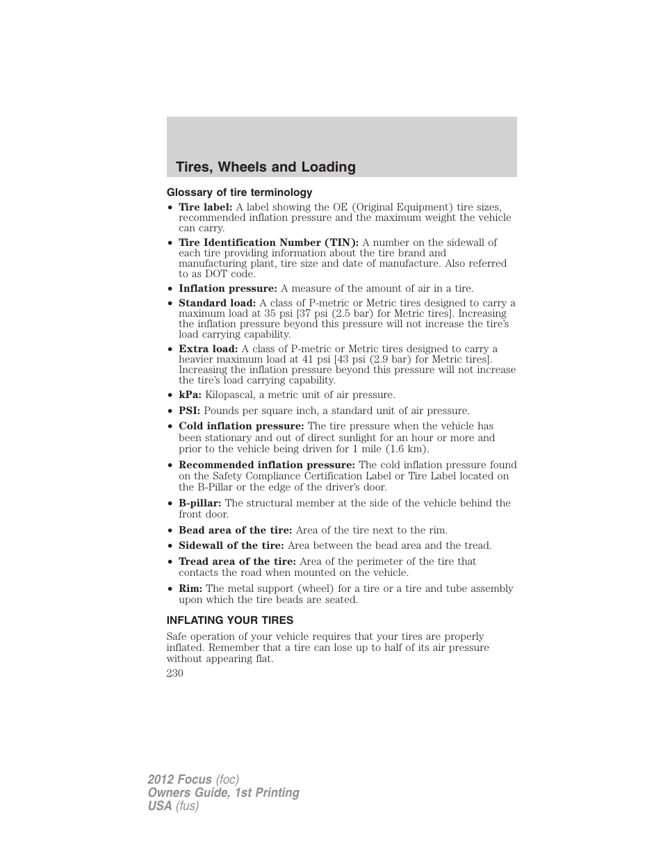 Glossary of tire terminology, Inflating your tires, Tire inflation | Tires, wheels and loading | FORD 2012 Focus v.1 User Manual | Page 230 / 406