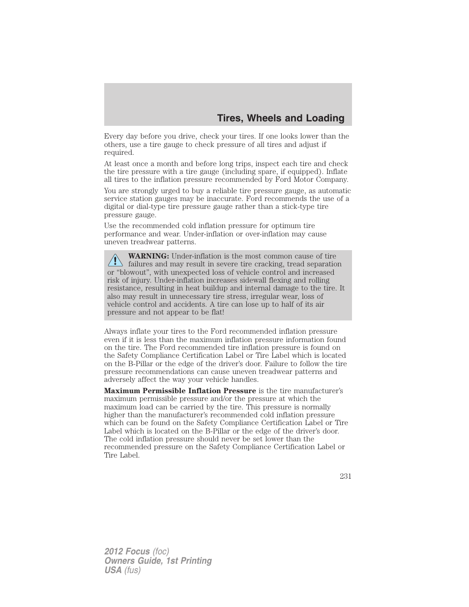 Tires, wheels and loading | FORD 2012 Focus v.1 User Manual | Page 231 / 406