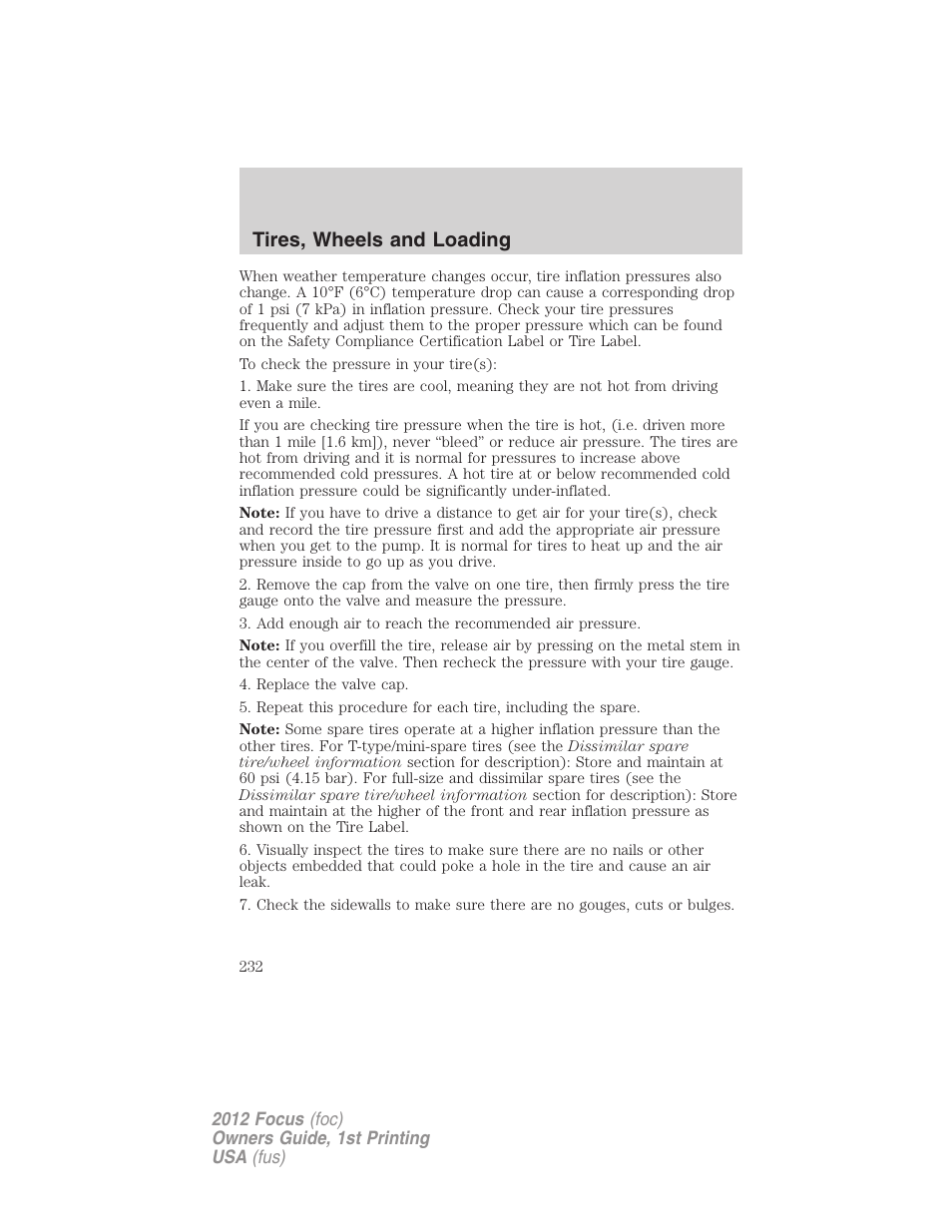 Tires, wheels and loading | FORD 2012 Focus v.1 User Manual | Page 232 / 406