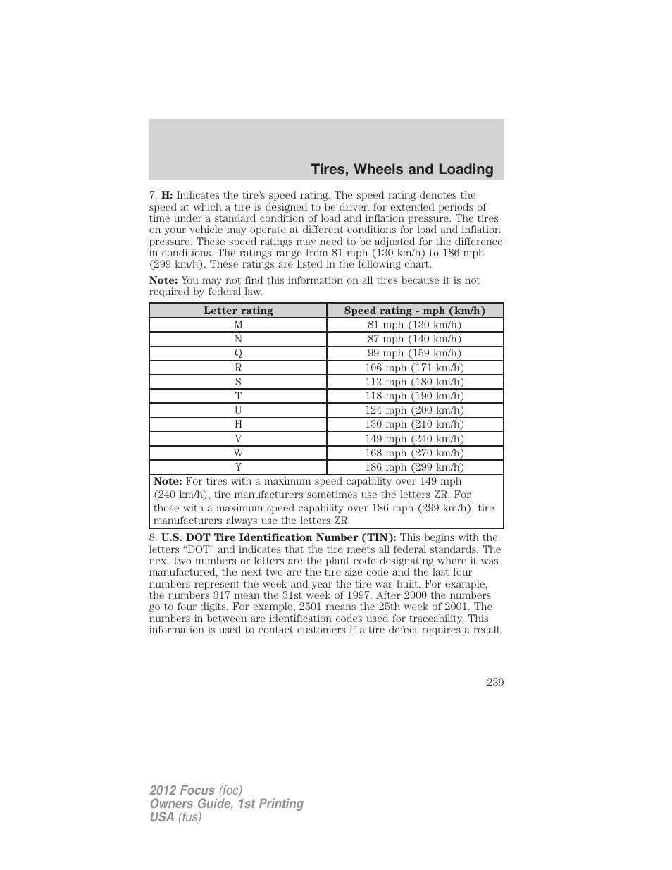 Tires, wheels and loading | FORD 2012 Focus v.1 User Manual | Page 239 / 406