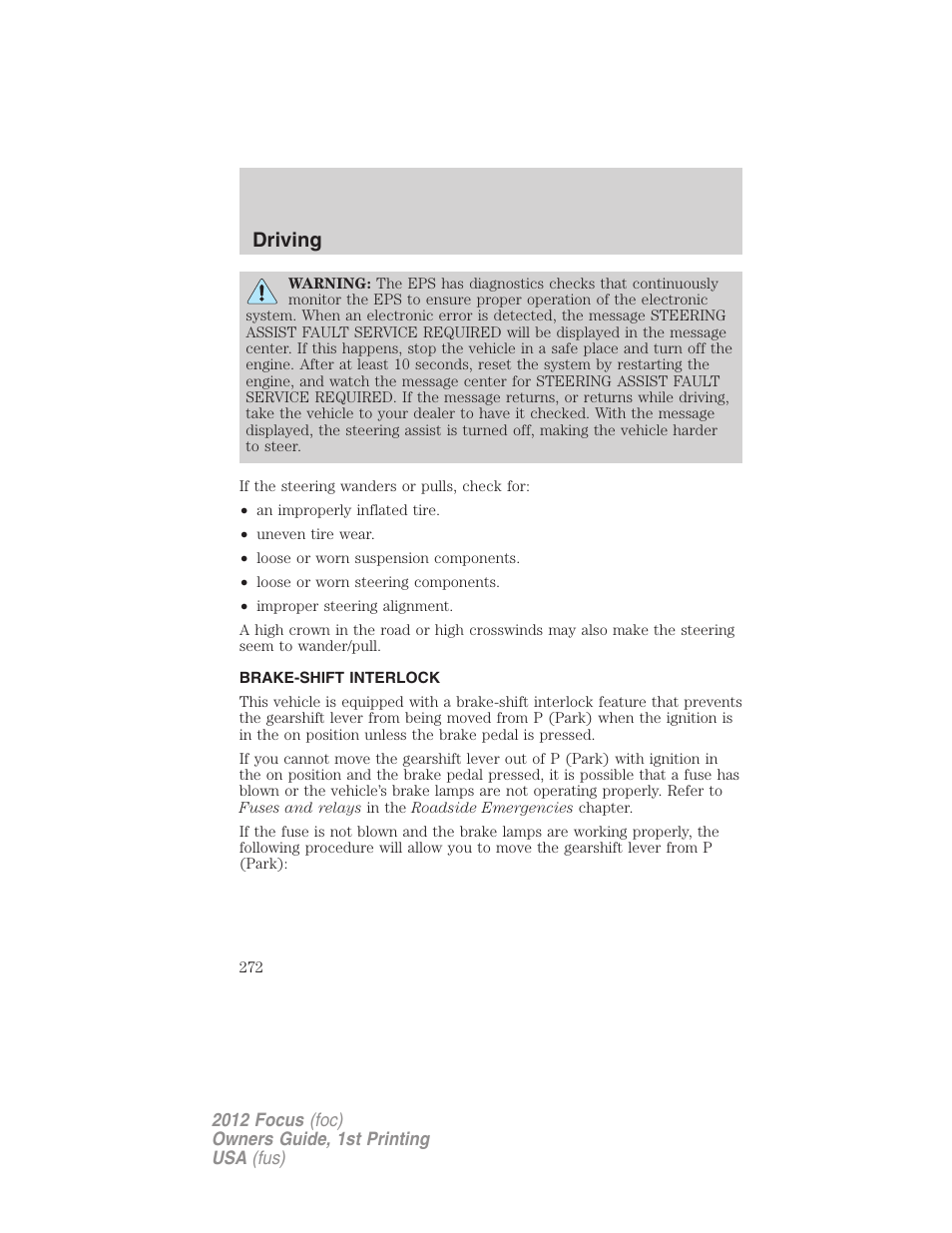 Brake-shift interlock, Driving | FORD 2012 Focus v.1 User Manual | Page 272 / 406