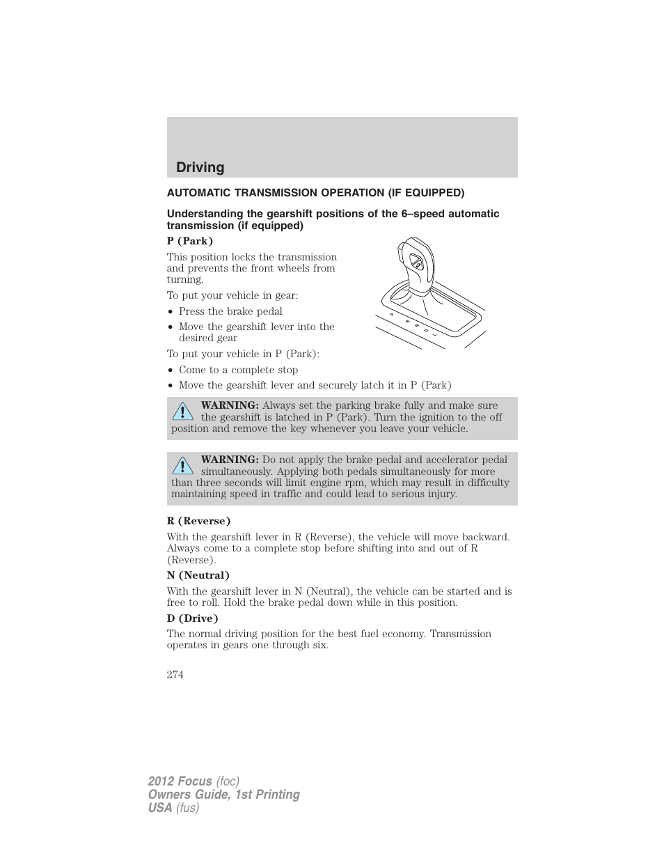 Automatic transmission operation (if equipped), Transmission operation, Driving | FORD 2012 Focus v.1 User Manual | Page 274 / 406