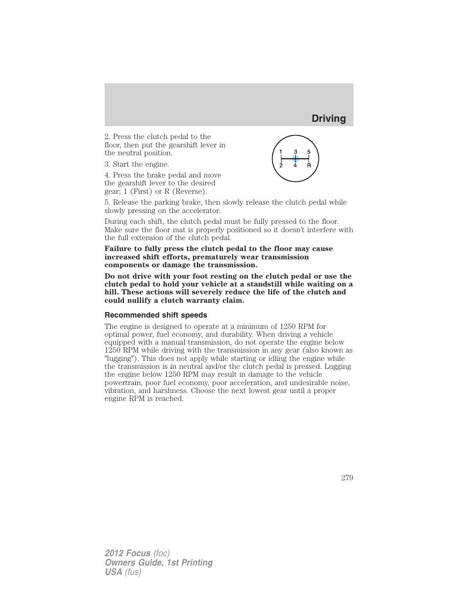 Recommended shift speeds, Driving | FORD 2012 Focus v.1 User Manual | Page 279 / 406