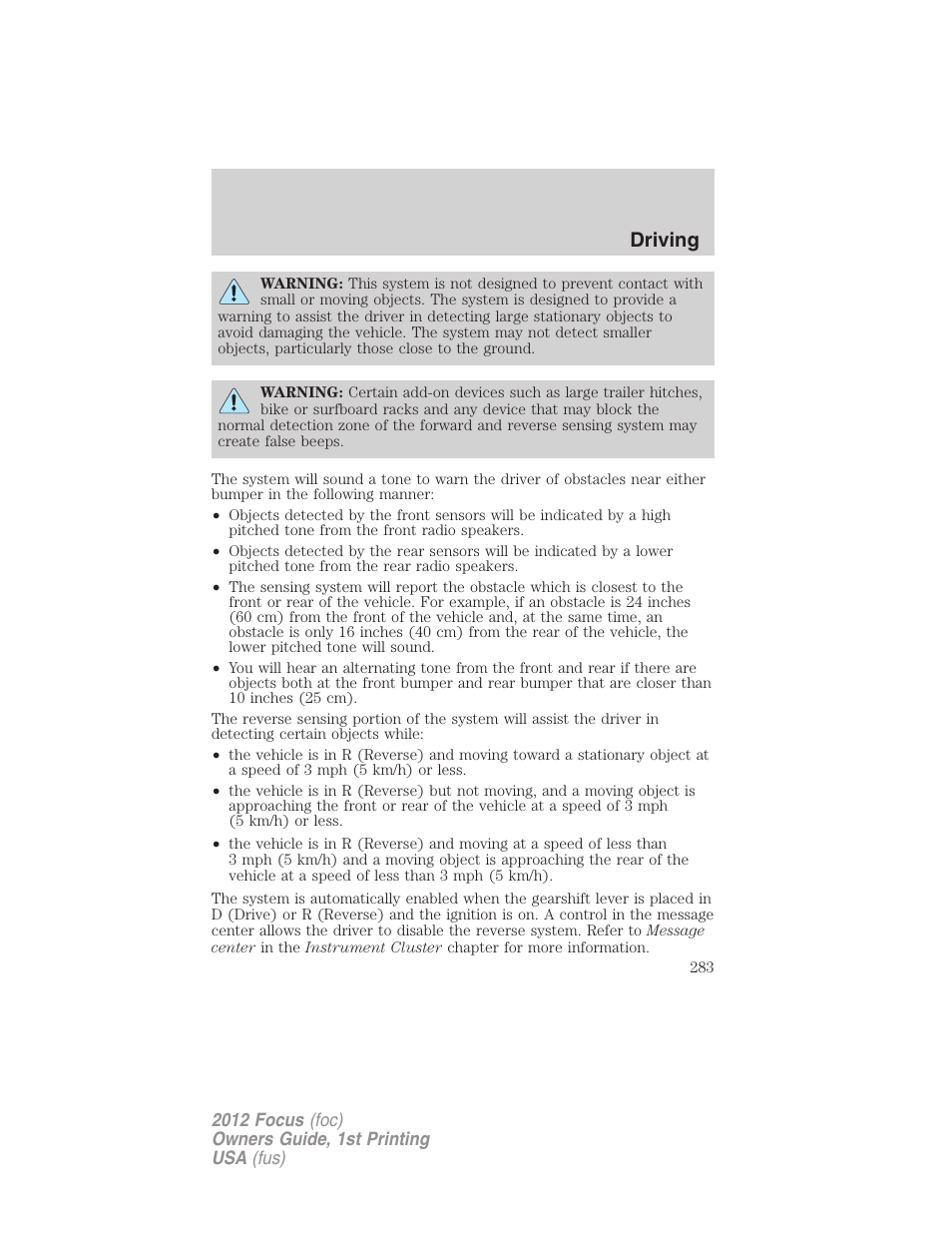 Driving | FORD 2012 Focus v.1 User Manual | Page 283 / 406