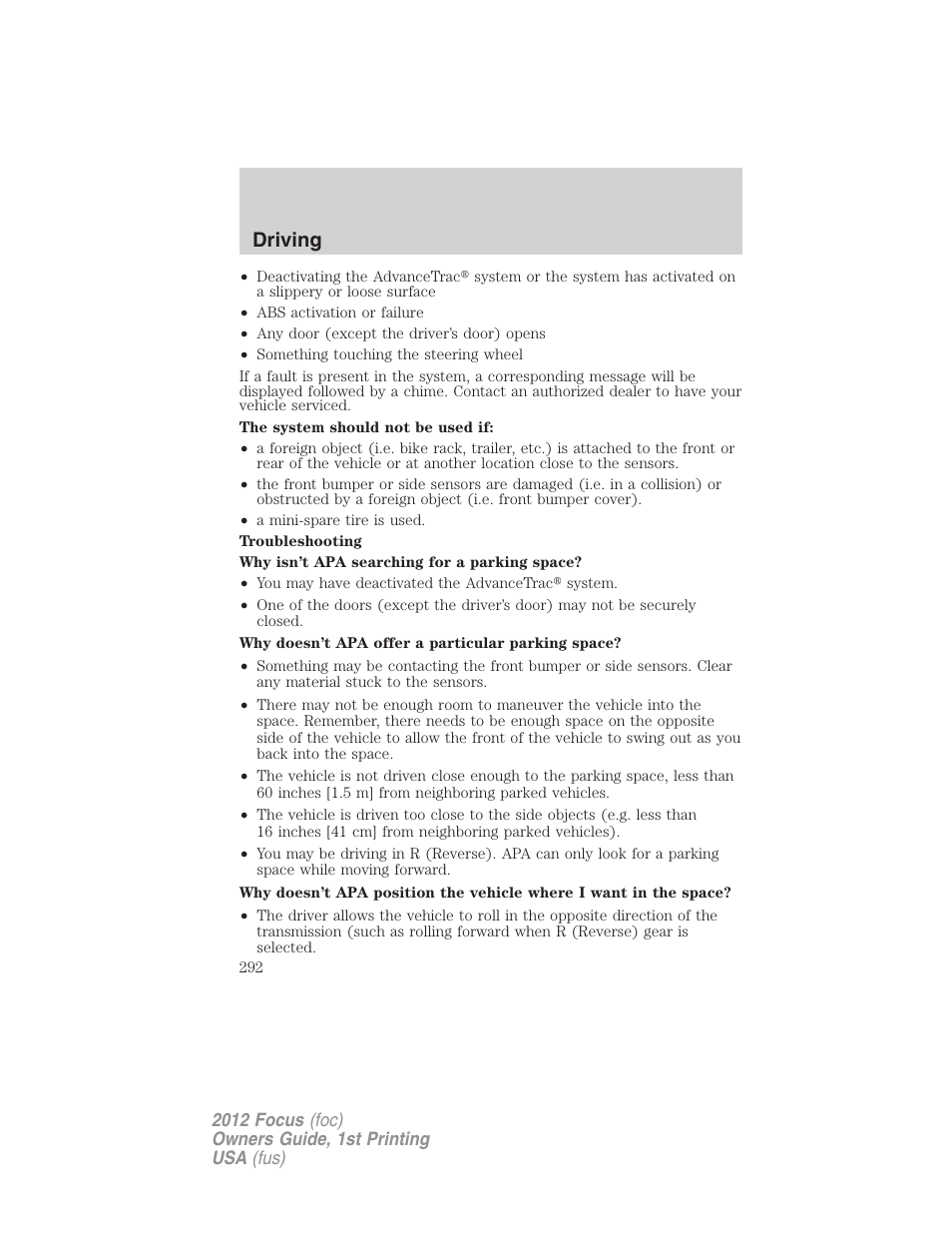 Driving | FORD 2012 Focus v.1 User Manual | Page 292 / 406
