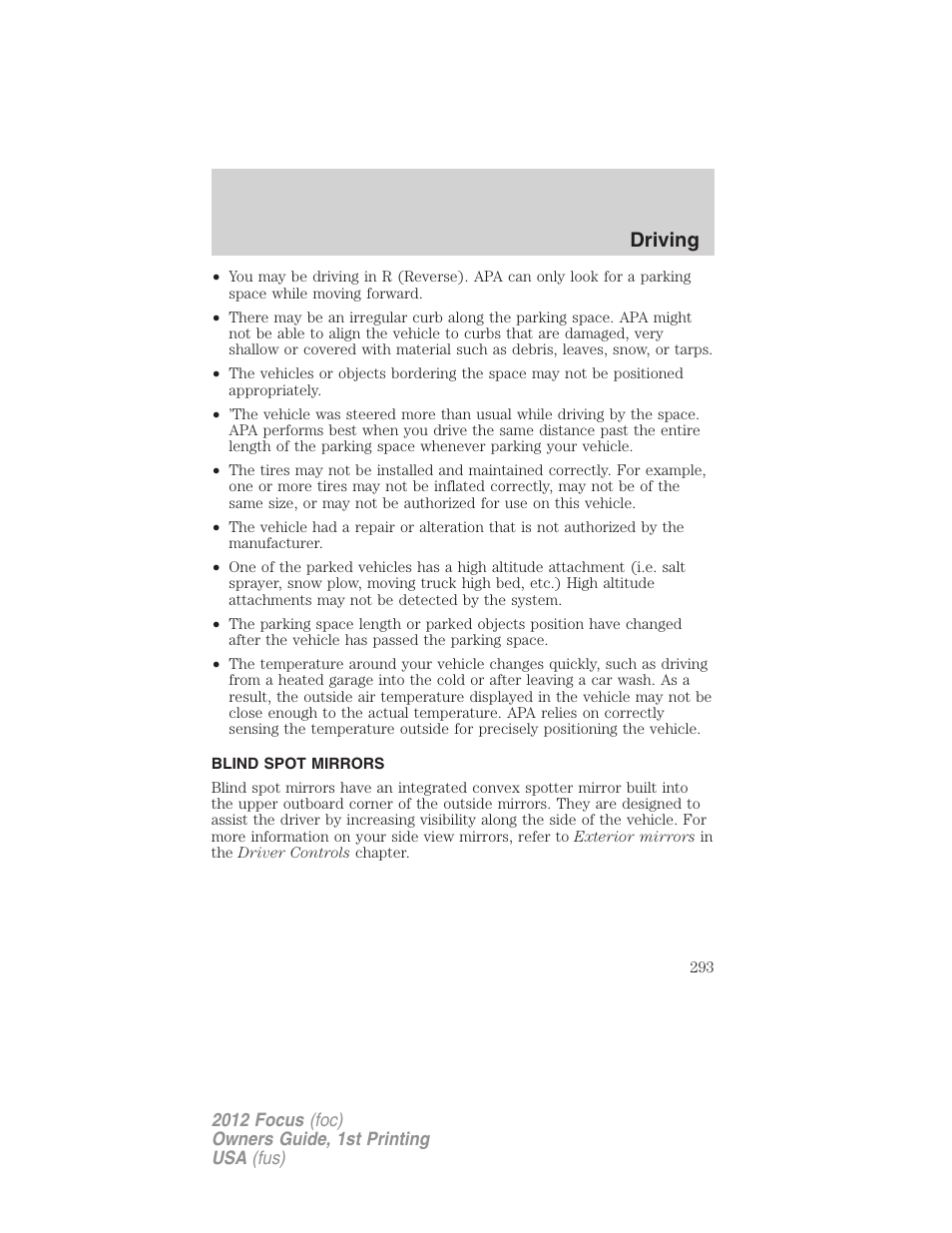 Blind spot mirrors, Driving | FORD 2012 Focus v.1 User Manual | Page 293 / 406