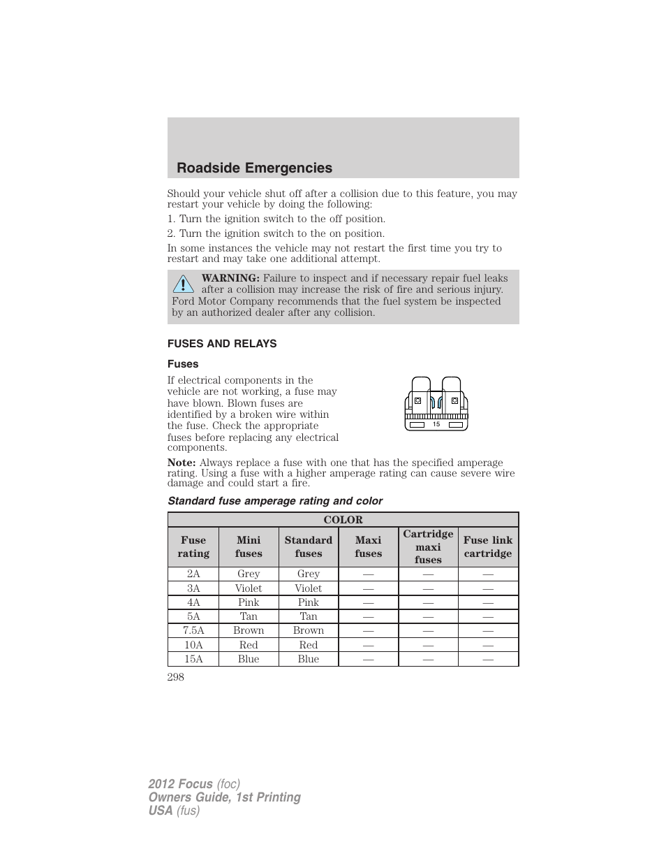 Fuses and relays, Fuses, Standard fuse amperage rating and color | Roadside emergencies | FORD 2012 Focus v.1 User Manual | Page 298 / 406