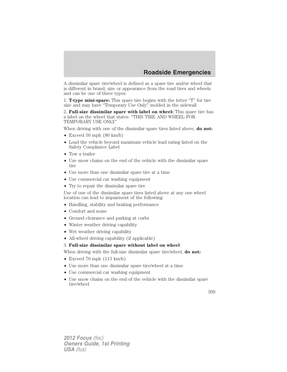 Roadside emergencies | FORD 2012 Focus v.1 User Manual | Page 309 / 406