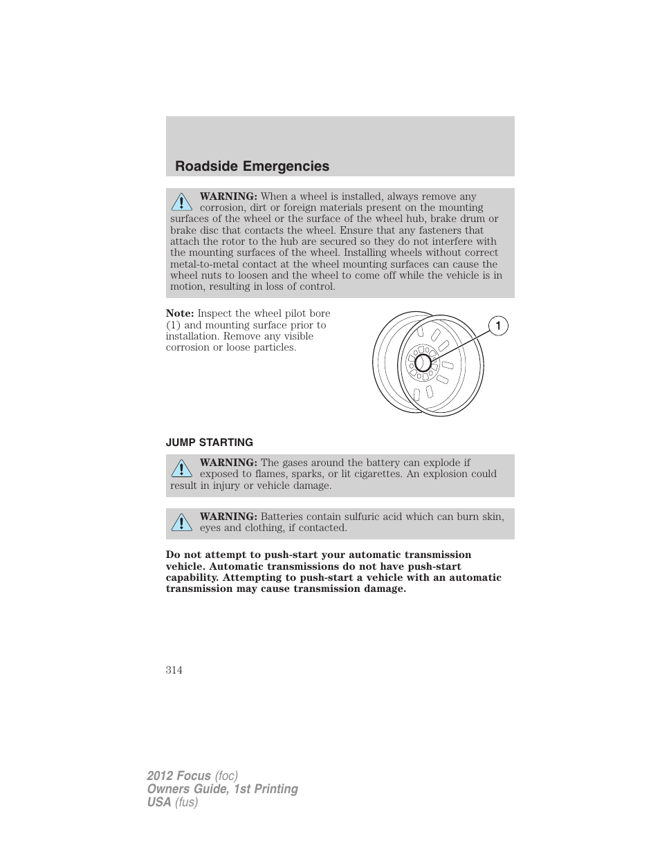 Jump starting, Roadside emergencies | FORD 2012 Focus v.1 User Manual | Page 314 / 406