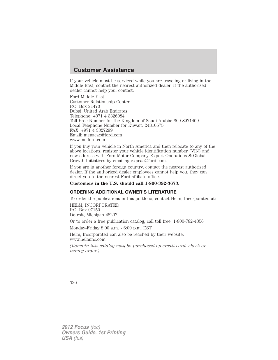 Ordering additional owner’s literature, Customer assistance | FORD 2012 Focus v.1 User Manual | Page 326 / 406