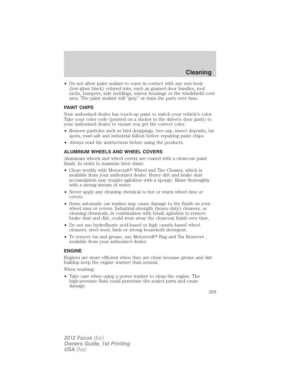 Paint chips, Aluminum wheels and wheel covers, Engine | Cleaning | FORD 2012 Focus v.1 User Manual | Page 329 / 406