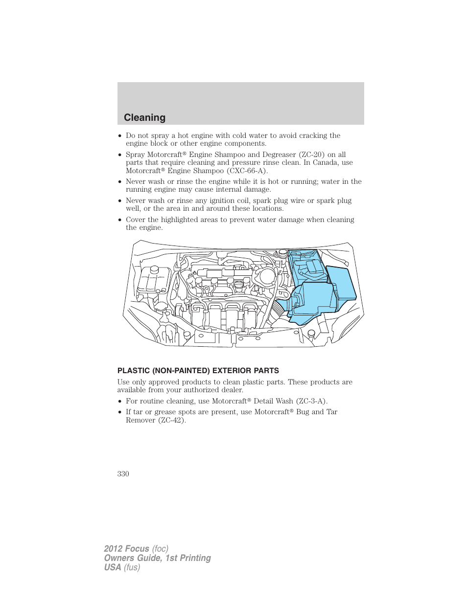Plastic (non-painted) exterior parts, Cleaning | FORD 2012 Focus v.1 User Manual | Page 330 / 406