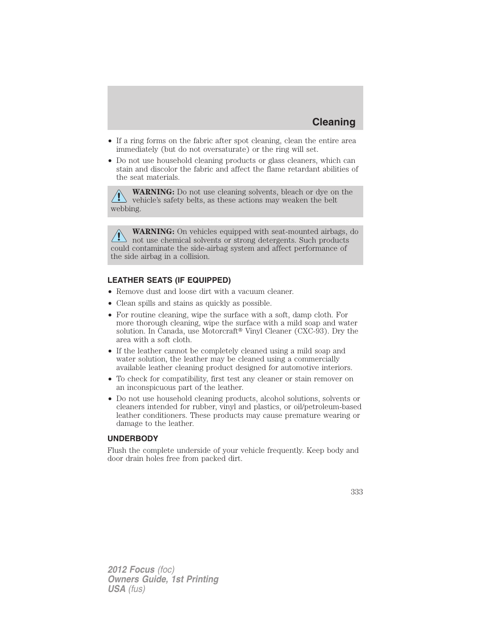 Leather seats (if equipped), Underbody, Cleaning | FORD 2012 Focus v.1 User Manual | Page 333 / 406