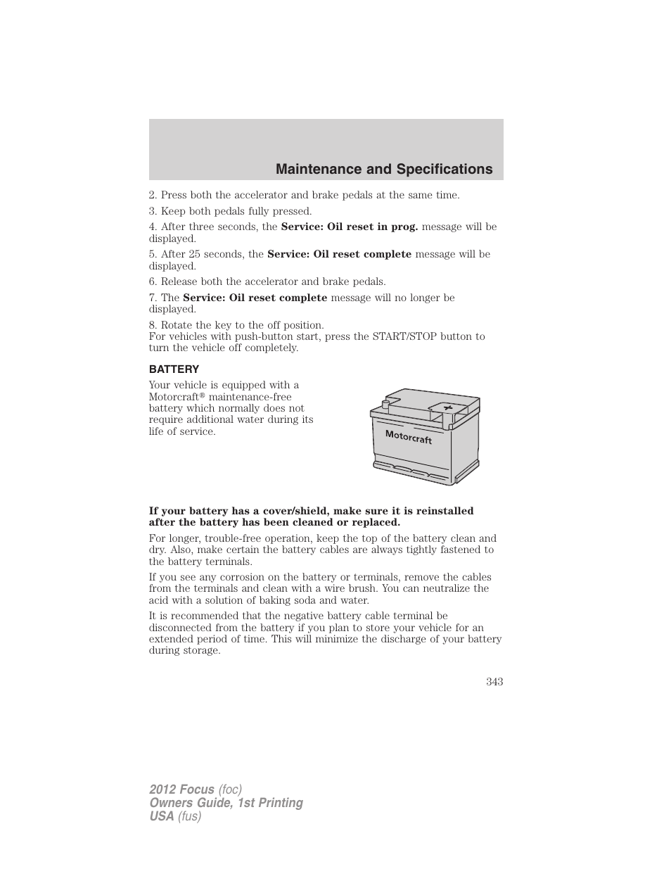 Battery, Maintenance and specifications | FORD 2012 Focus v.1 User Manual | Page 343 / 406