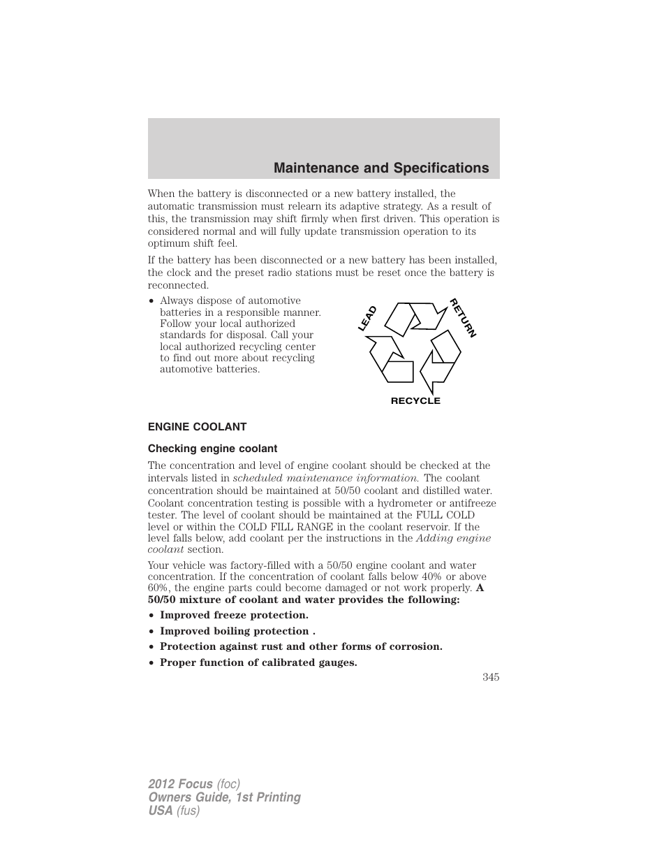 Engine coolant, Checking engine coolant, Maintenance and specifications | FORD 2012 Focus v.1 User Manual | Page 345 / 406
