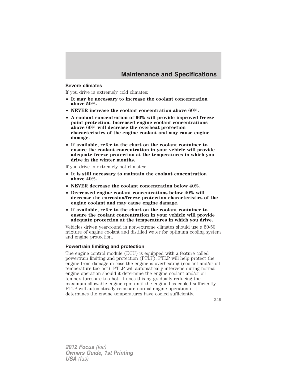 Severe climates, Powertrain limiting and protection, Maintenance and specifications | FORD 2012 Focus v.1 User Manual | Page 349 / 406