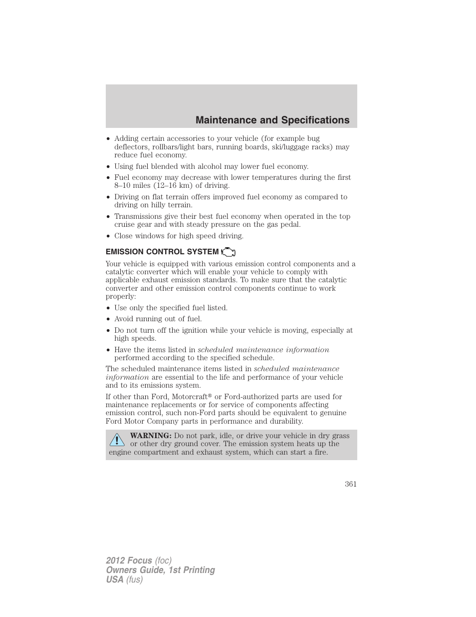 Emission control system, Maintenance and specifications | FORD 2012 Focus v.1 User Manual | Page 361 / 406