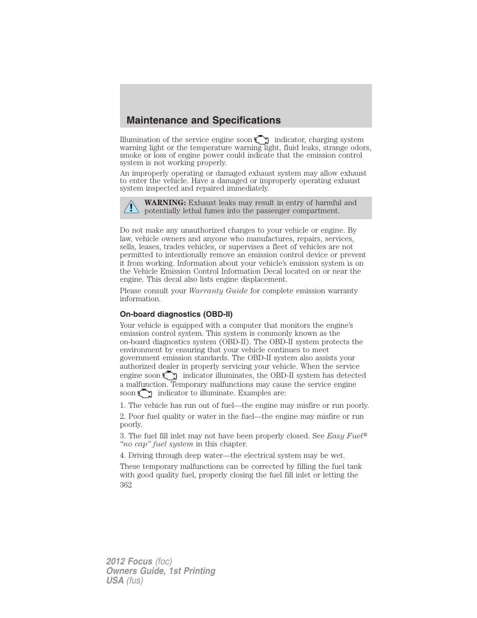 On-board diagnostics (obd-ii), Maintenance and specifications | FORD 2012 Focus v.1 User Manual | Page 362 / 406