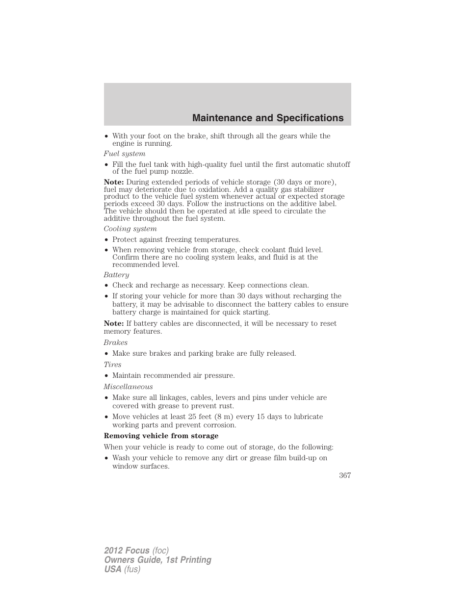 Maintenance and specifications | FORD 2012 Focus v.1 User Manual | Page 367 / 406