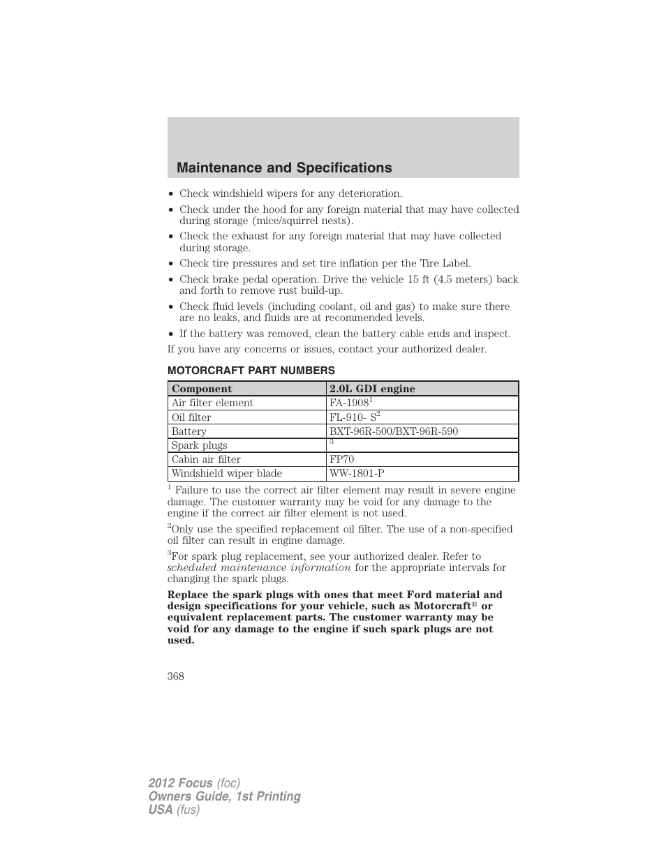 Motorcraft part numbers, Part numbers, Maintenance and specifications | FORD 2012 Focus v.1 User Manual | Page 368 / 406