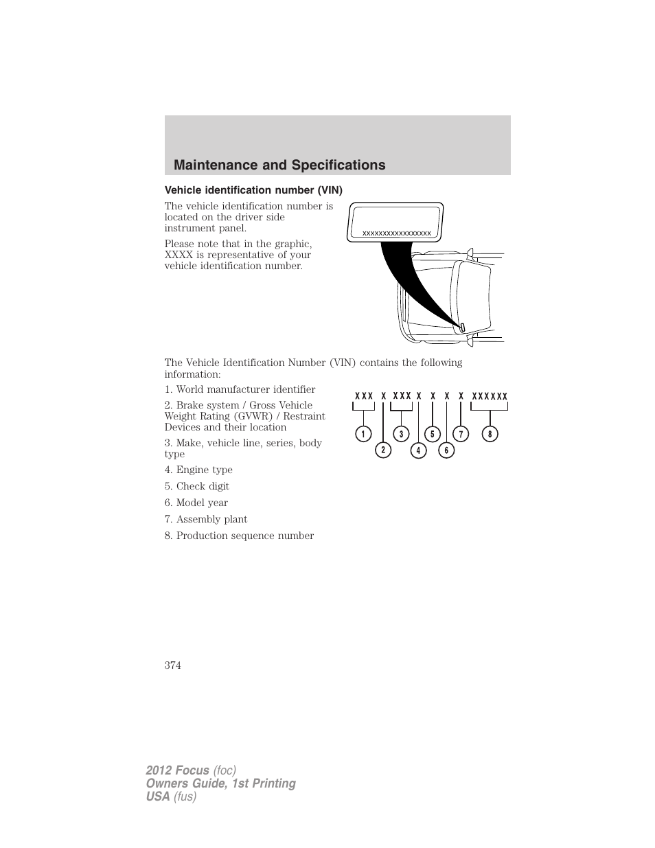 Vehicle identification number (vin), Maintenance and specifications | FORD 2012 Focus v.1 User Manual | Page 374 / 406