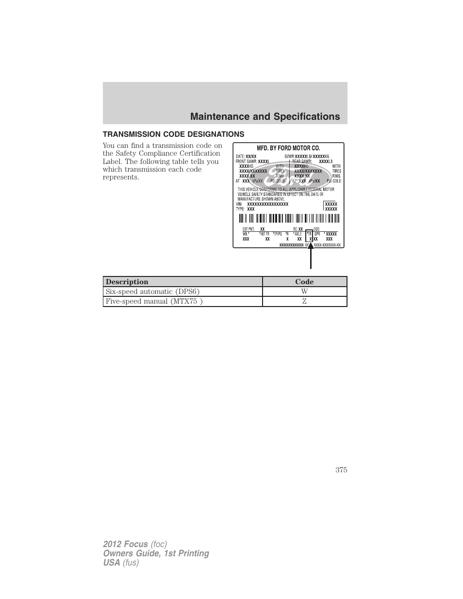 Transmission code designations, Maintenance and specifications | FORD 2012 Focus v.1 User Manual | Page 375 / 406