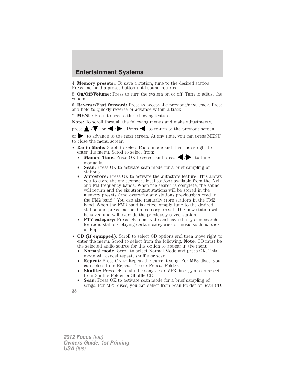 Entertainment systems | FORD 2012 Focus v.1 User Manual | Page 38 / 406