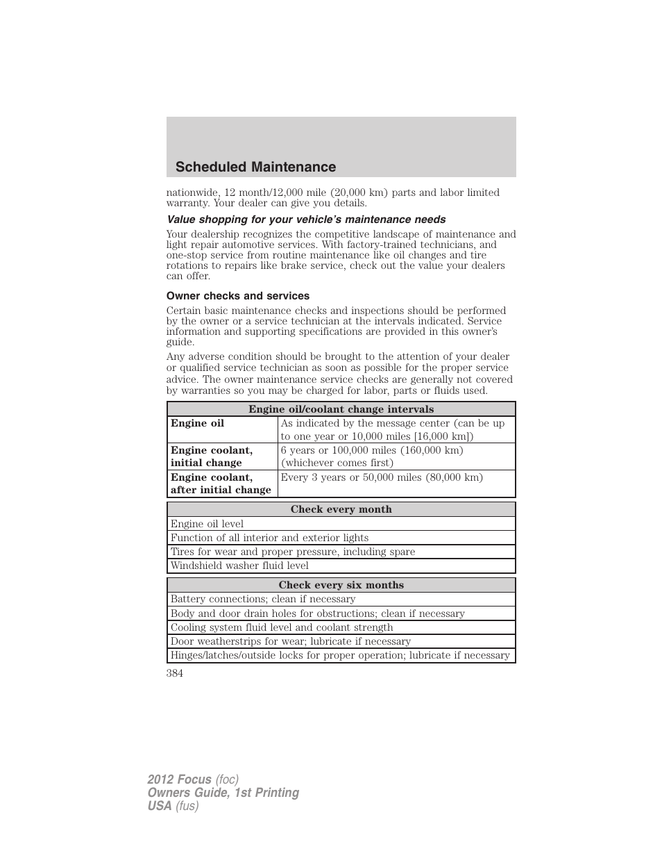 Owner checks and services, Scheduled maintenance | FORD 2012 Focus v.1 User Manual | Page 384 / 406