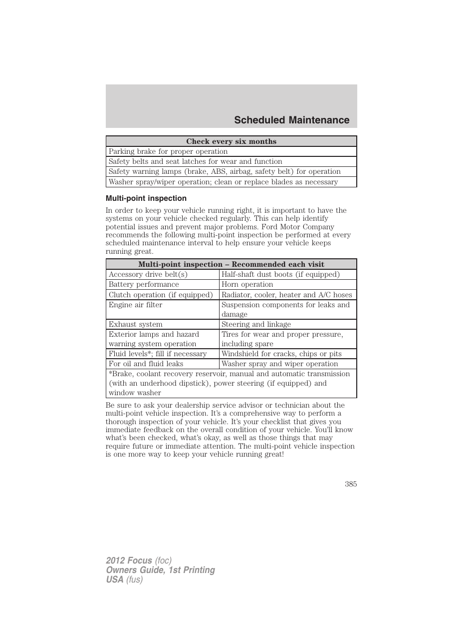 Multi-point inspection, Scheduled maintenance | FORD 2012 Focus v.1 User Manual | Page 385 / 406