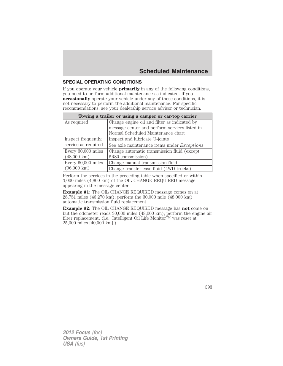 Special operating conditions, Scheduled maintenance | FORD 2012 Focus v.1 User Manual | Page 393 / 406