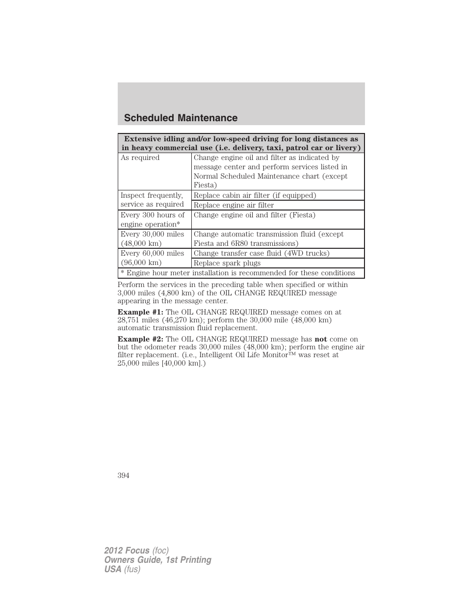 Scheduled maintenance | FORD 2012 Focus v.1 User Manual | Page 394 / 406