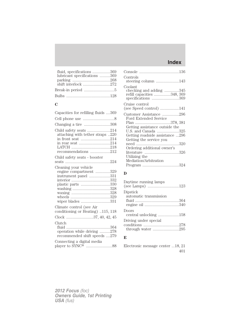 Index | FORD 2012 Focus v.1 User Manual | Page 401 / 406