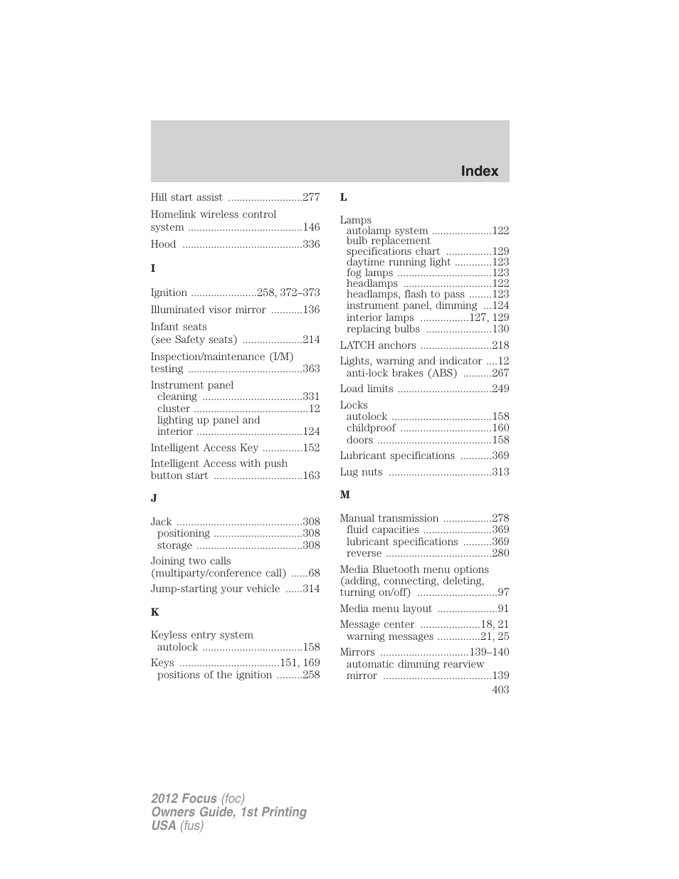 Index | FORD 2012 Focus v.1 User Manual | Page 403 / 406