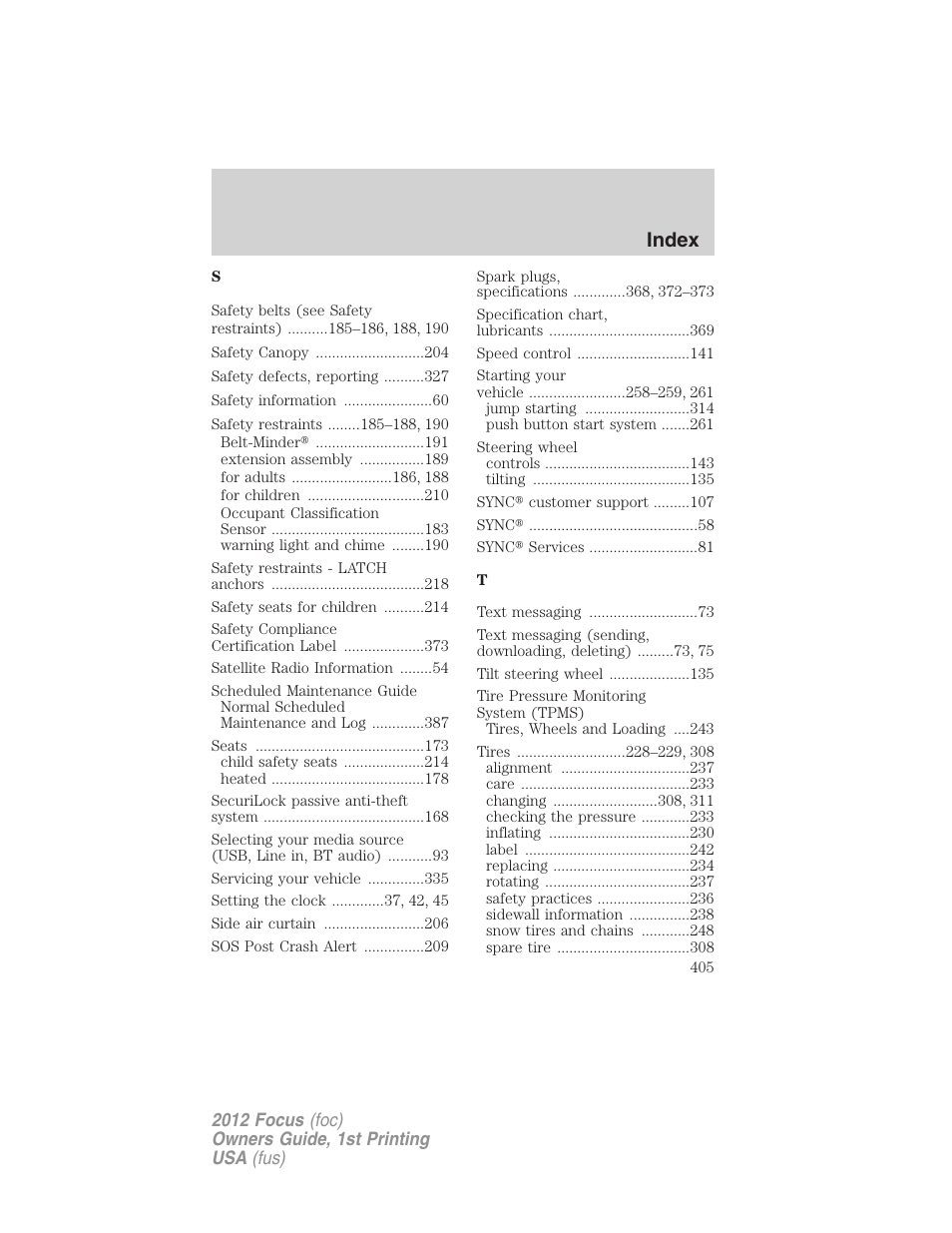 Index | FORD 2012 Focus v.1 User Manual | Page 405 / 406
