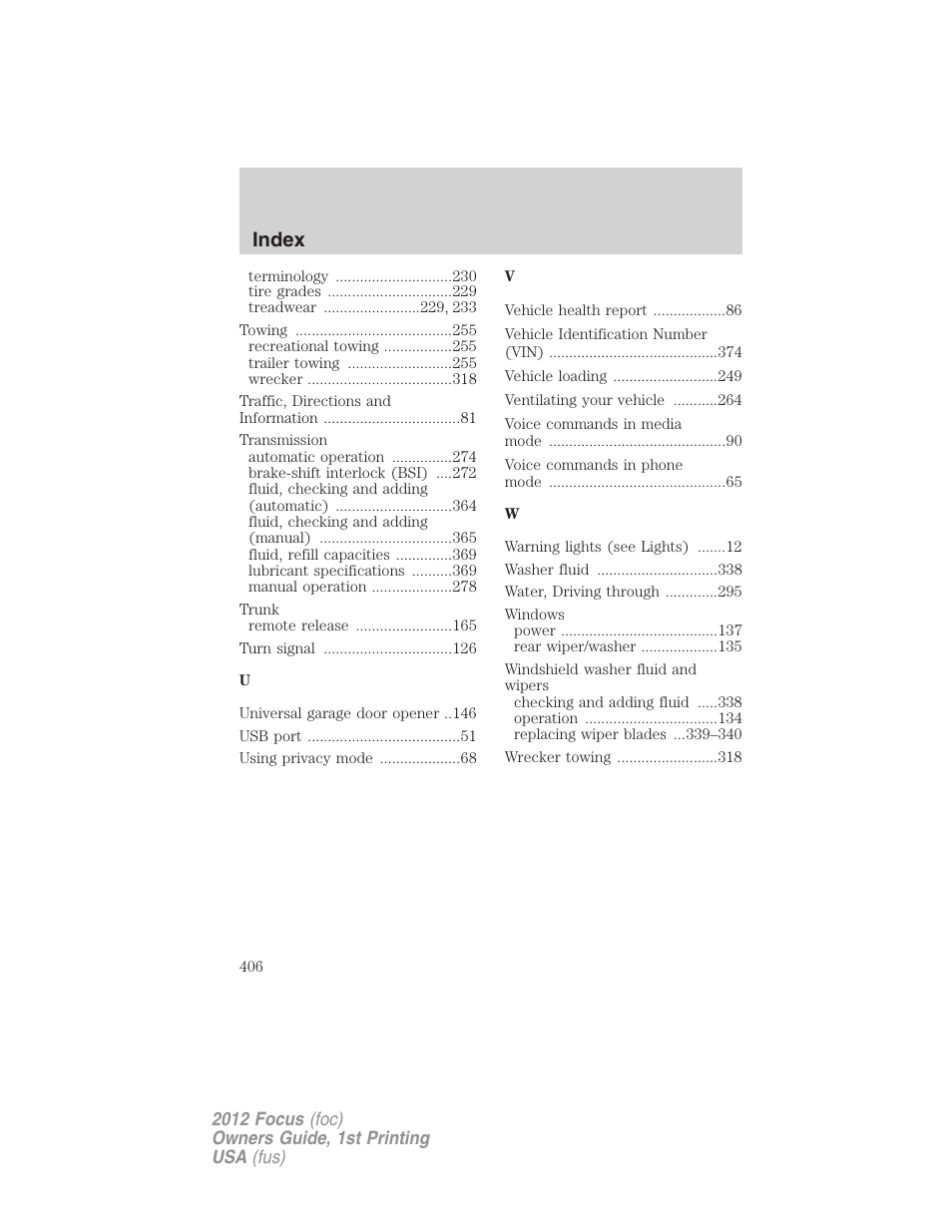 Index | FORD 2012 Focus v.1 User Manual | Page 406 / 406