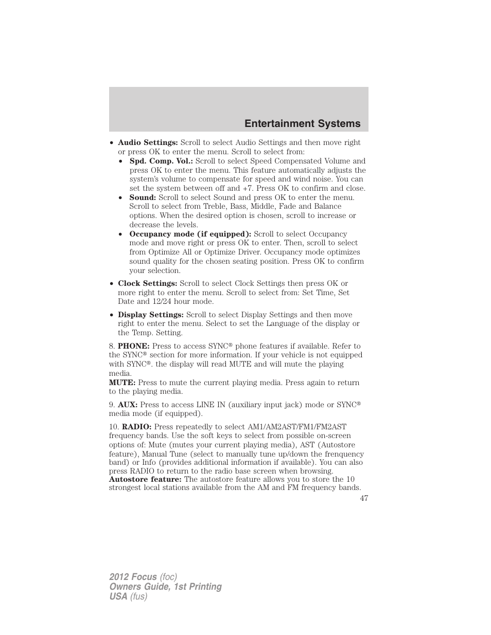 Entertainment systems | FORD 2012 Focus v.1 User Manual | Page 47 / 406