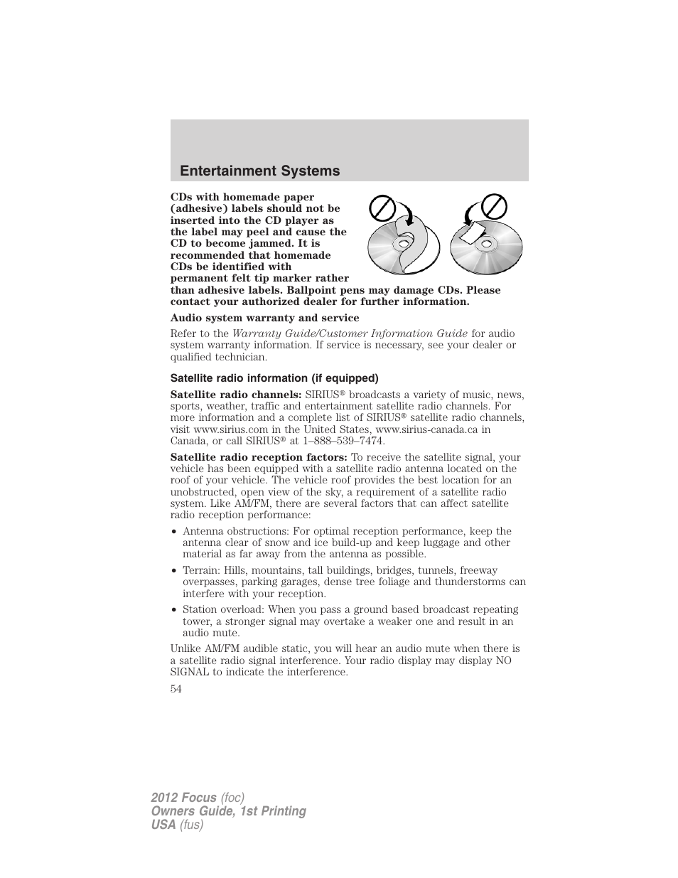 Satellite radio information (if equipped), Satellite radio information, Entertainment systems | FORD 2012 Focus v.1 User Manual | Page 54 / 406