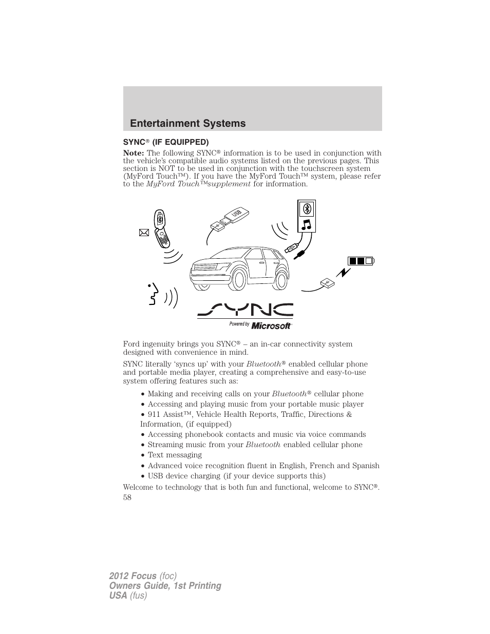 Sync (if equipped), Sync, Entertainment systems | FORD 2012 Focus v.1 User Manual | Page 58 / 406