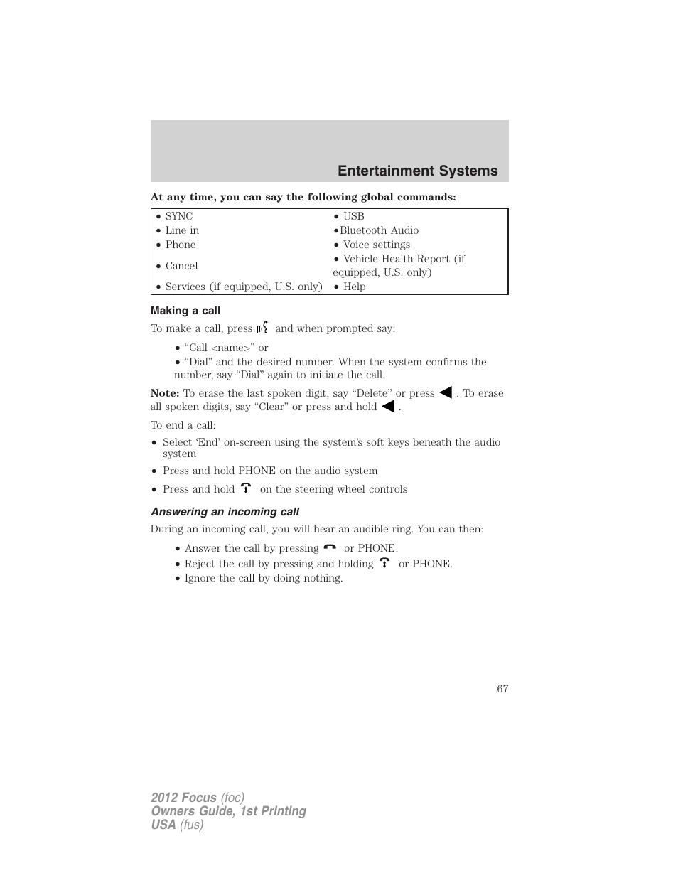 Making a call, Answering an incoming call, Entertainment systems | FORD 2012 Focus v.1 User Manual | Page 67 / 406