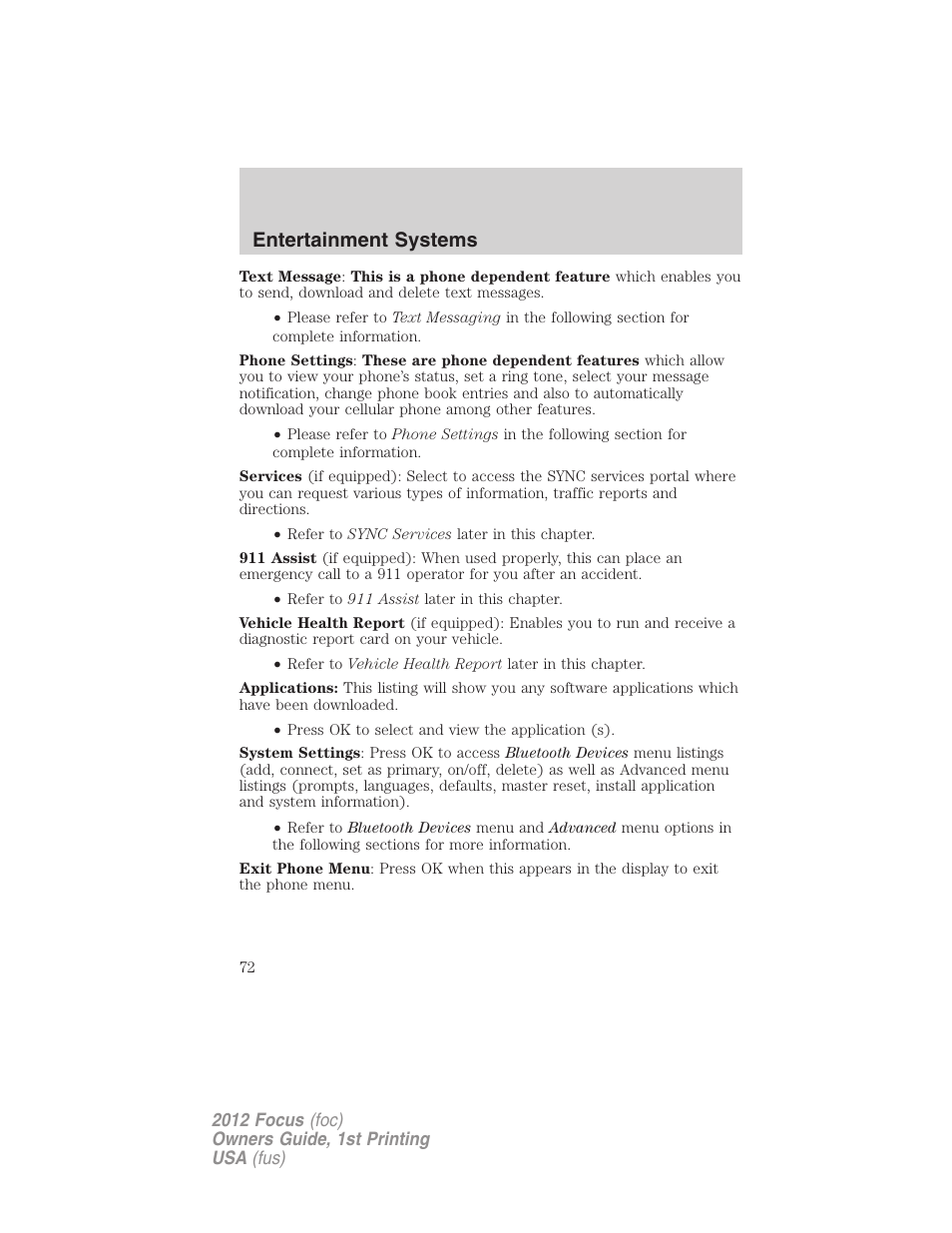 Entertainment systems | FORD 2012 Focus v.1 User Manual | Page 72 / 406
