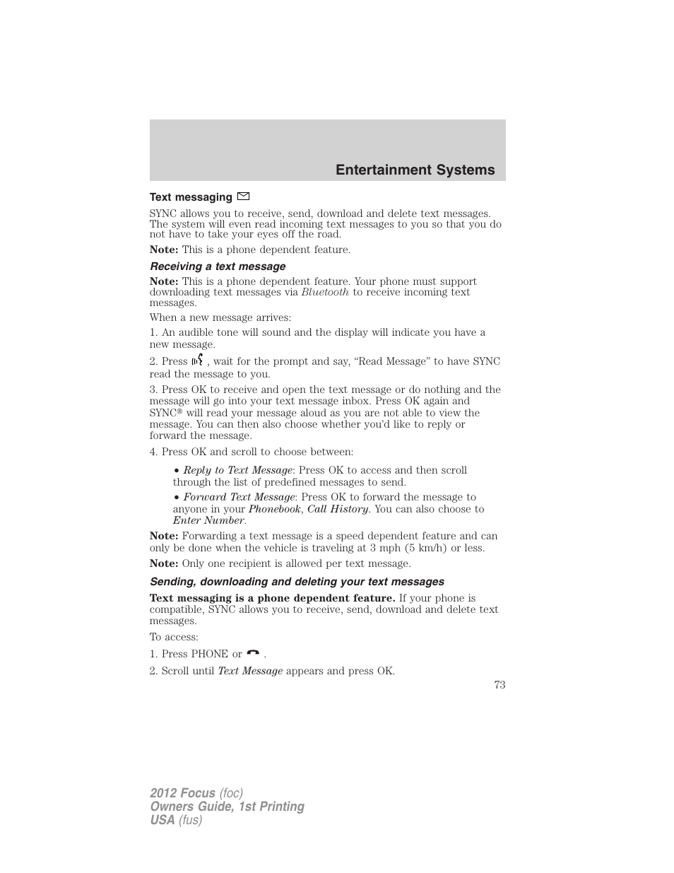 Text messaging, Receiving a text message, Entertainment systems | FORD 2012 Focus v.1 User Manual | Page 73 / 406