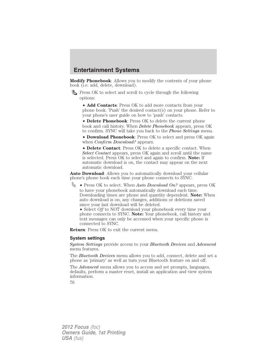 System settings, Entertainment systems | FORD 2012 Focus v.1 User Manual | Page 76 / 406