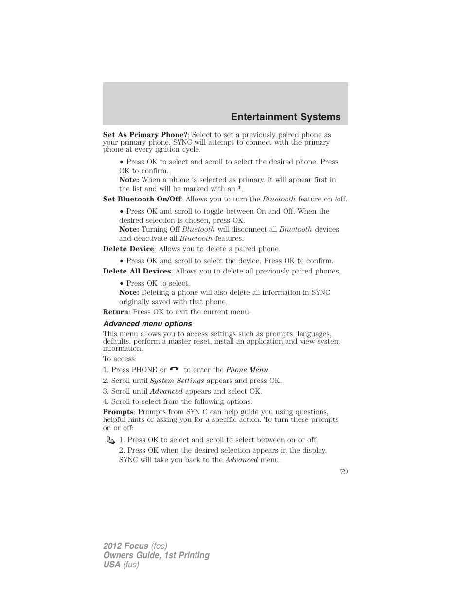 Advanced menu options, Entertainment systems | FORD 2012 Focus v.1 User Manual | Page 79 / 406