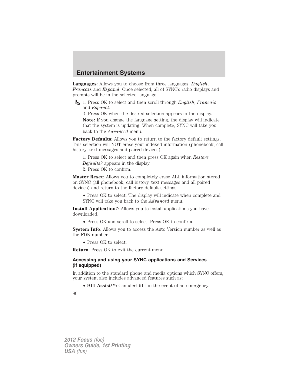 Entertainment systems | FORD 2012 Focus v.1 User Manual | Page 80 / 406