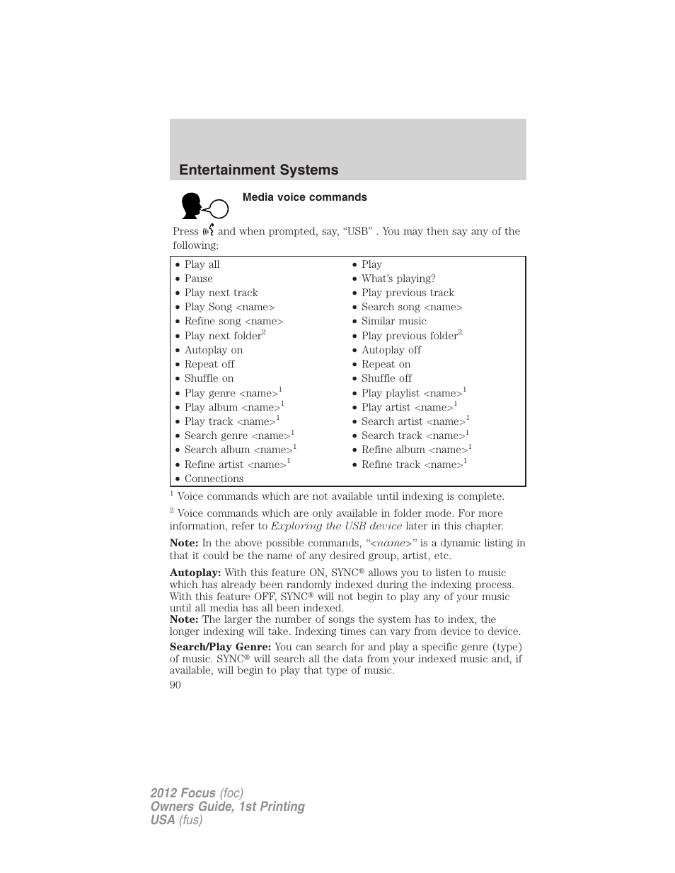 Media voice commands, Entertainment systems | FORD 2012 Focus v.1 User Manual | Page 90 / 406