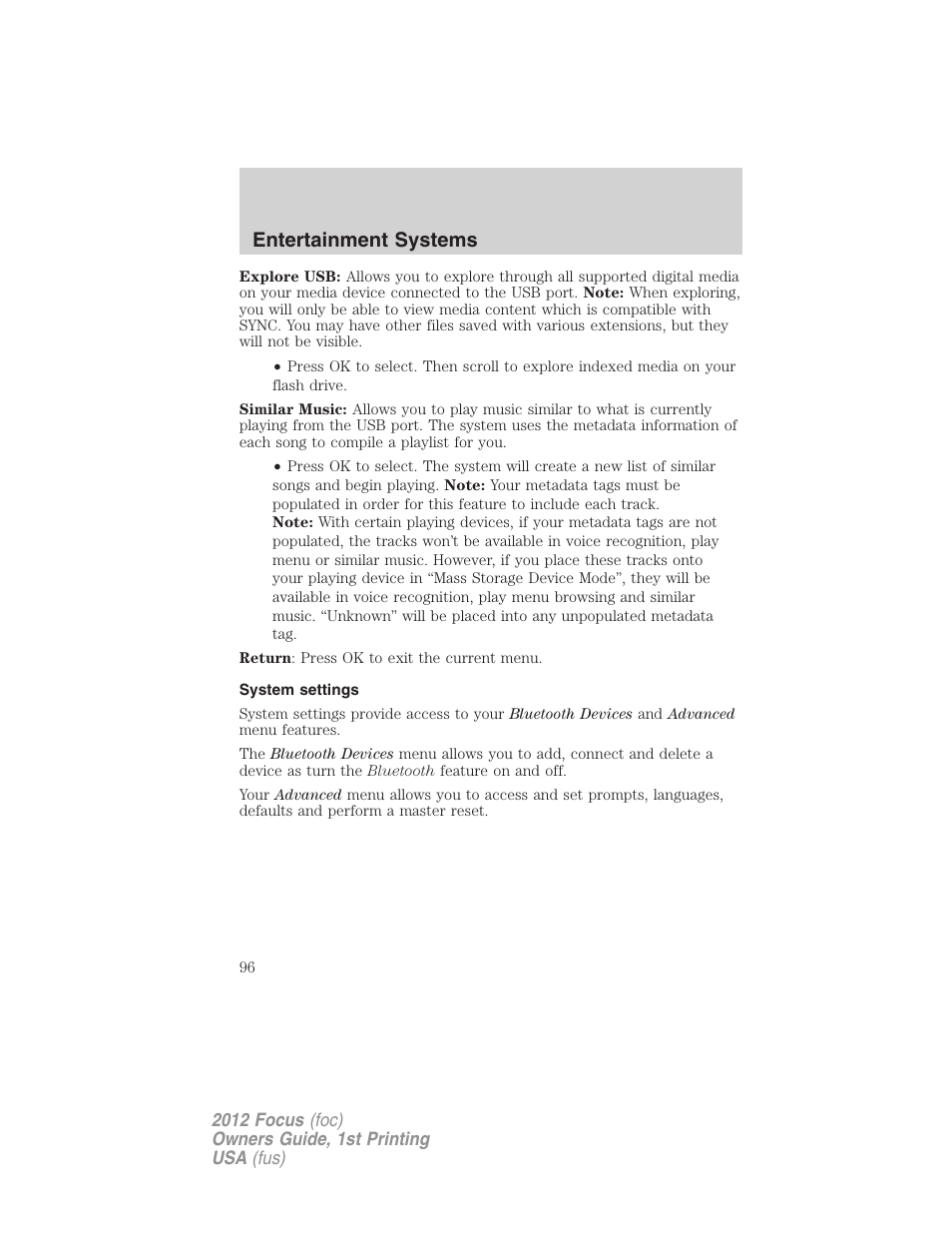 System settings, Entertainment systems | FORD 2012 Focus v.1 User Manual | Page 96 / 406