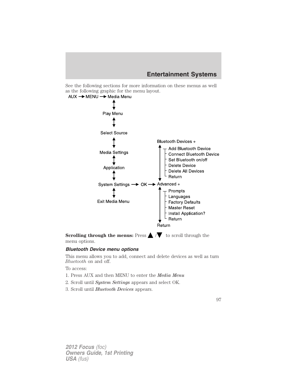 Bluetooth device menu options, Entertainment systems | FORD 2012 Focus v.1 User Manual | Page 97 / 406