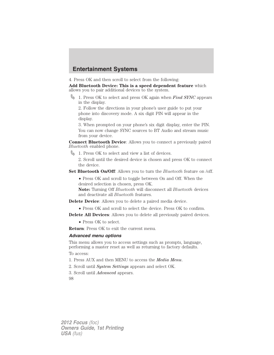Advanced menu options, Entertainment systems | FORD 2012 Focus v.1 User Manual | Page 98 / 406