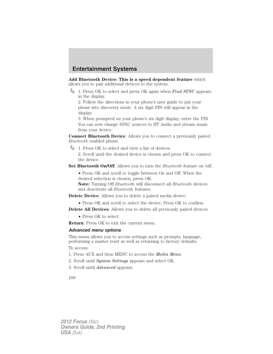 Advanced menu options, Entertainment systems | FORD 2012 Focus v.2 User Manual | Page 100 / 405